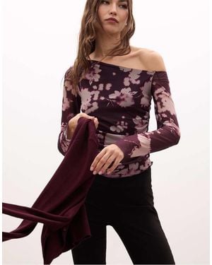 Stradivarius Printed Asymmetric Tulle T-Shirt - Purple