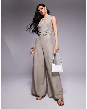 ASOS Ruched Waist Detail V Neck Jumpsuit - Grey