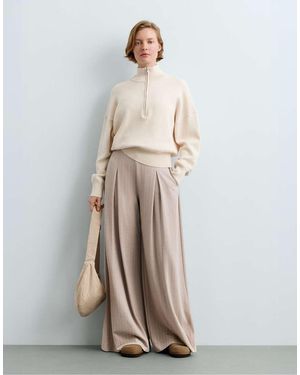 Oysho Soft-Touch Striped Wide-Leg Trousers - Natural