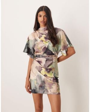ASOS Satin High Neck Blouson Mini Dress With Flutter Sleeve - Brown