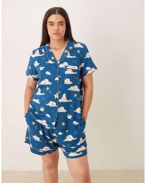 Chelsea Peers Curve – pyjama mit schlafhasen-printmuster, aus kurzärmligem oberteil mit reverskragen und shorts - Blau