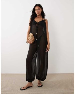 Miss Selfridge Strand-Jumpsuit Van Chiffon Met Ballonzoom - Zwart