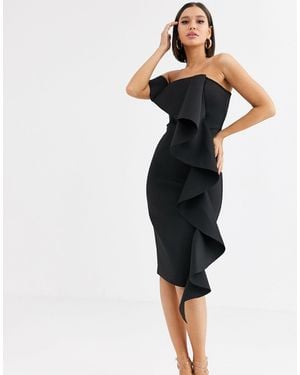 Lavish Alice One Shoulder Bardot Frill Scuba Midi Dress - Black