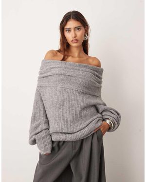 ARRANGE Chunky Rib Knitted Off Shoulder Jumper - Grey