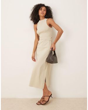 ASOS Bengaline Pencil Midi Dress With Wrap Around Button Belt - Natural
