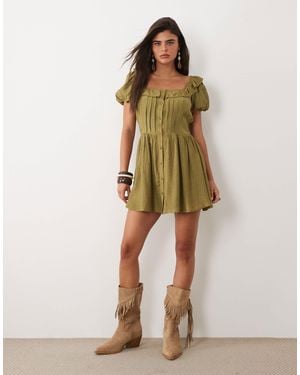 Daisy Street Ruffle Neck Button Down Mini Dress With Puff Sleeves - Natural