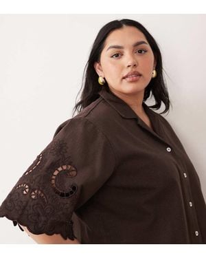 ASOS Asos Design Curve Denim Short Sleeve Shirt With Cutwork Detail - Brown