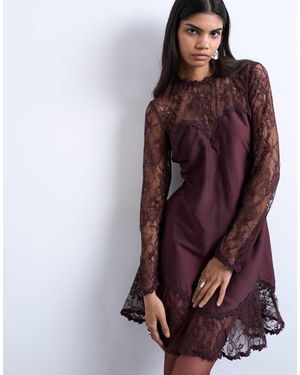 TOPSHOP Lace Sleeve Flippy Hem Mini Dress - Purple