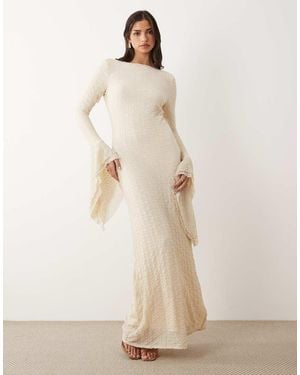 ASOS Textured Mesh Slash Neck Maxi Dress With Extreme Ruffle Sleeve - Natural