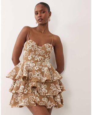 ASOS Textured Floral Embroidered Tiered Mini Dress - Brown