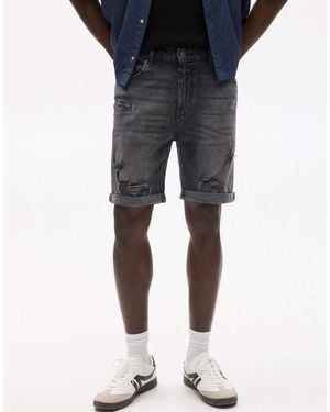 Pull&Bear Gescheurde Slim-Fit Denim Bermudashort - Blauw