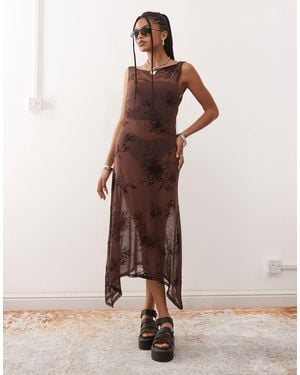 Collusion Mesh Flocked Dress - Brown