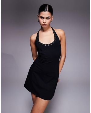 Fashionkilla Exclusive Halterneck Scoop Neck Eyelet Trim Low Back Mini Dress - Blue