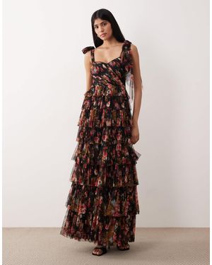 LACE & BEADS Tulle Bow Shoulder Tiered Maxi Dress - Brown