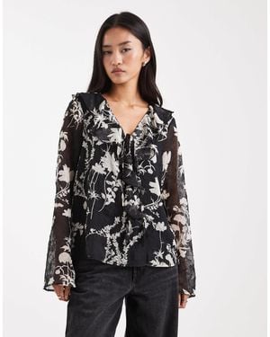 Object Sheer Ruffle Boho Style Blouse - Black