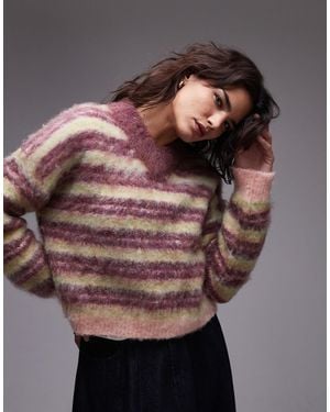 TOPSHOP – ultra-flauschiger strickpullover mit mehrfarbigen streifen und hohem v-ausschnitt - Grau