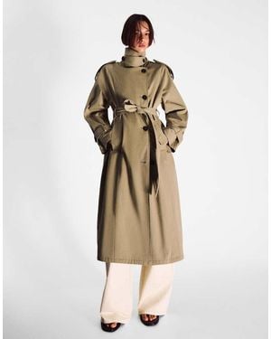 Bershka Long Trench Coat With Belt - Natural