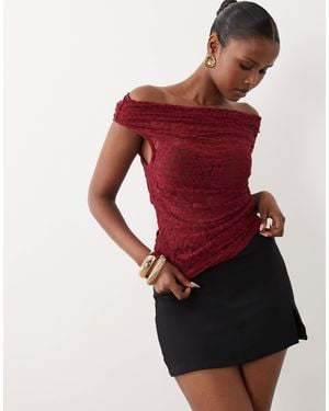 ASOS Sheer Lace Ruched Asym Top - Red