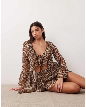 Aria Cove Mesh Frill Wrap Plunge Flare Sleeve Top - Brown