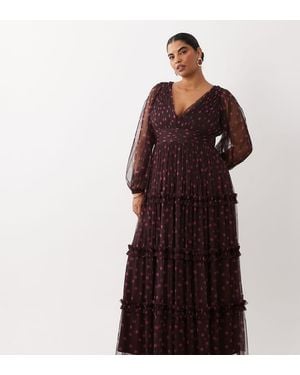 Lace & Beads Plus Vestido Maxi De Tul Semitransparente Con Mangas Globo, Escote Pronunciado Y Capas, En Rosa Con Lunares-Multi - Rojo
