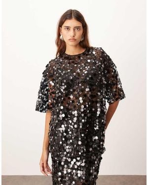ARRANGE Sheer Grid Sequin Tee Co Ord - Black