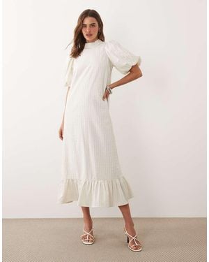 Ghospell High Neck Puff Sleeve Peplum Hem Midi Dress - Natural