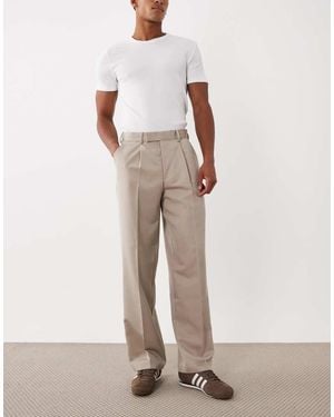 ASOS Wide Leg Dress Trousers With Front Pleats - Natural
