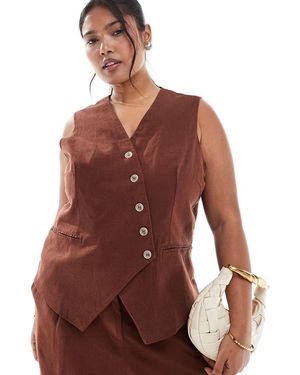 Vero Moda Linen Touch Asymmetric Button Front Waistcoat Co-ord - Brown