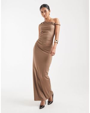 4th & Reckless Slinky Ruched Side One Shoulder Twist Detail Maxi Dress - White