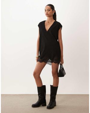 ASOS Cord V-neck Lace Trim Mini Shift Dress - Black