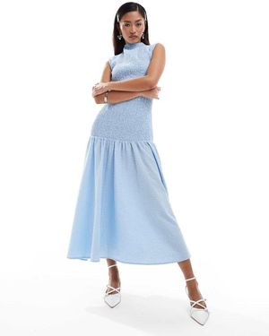 Ghospell Shirred Drop Hem Midi Dress - Blue
