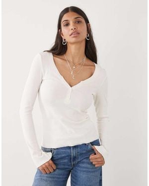 Monki Long Sleeve Henley Button Top With Flared Sleeves - White