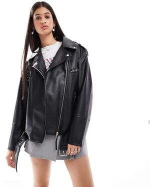 Bershka Oversized Faux Leather Biker Jacket - Black