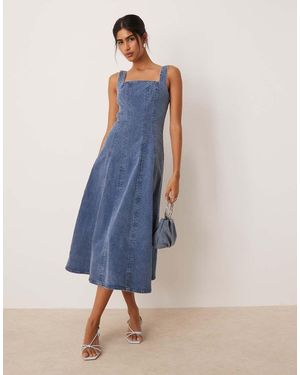 Abercrombie & Fitch Square Neck Fit & Flare Panelled Denim Midi Dress - Blue