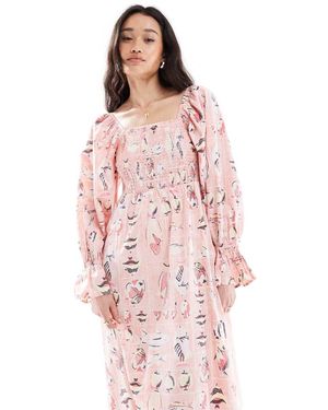 Object Vintage Wash Fish Print Smock Midi Dress - Pink