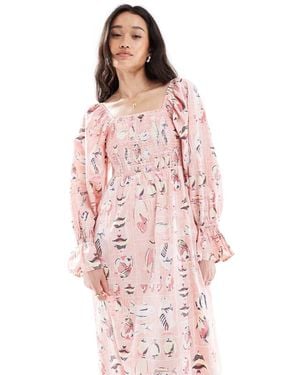 Object Vintage Wash Fish Print Smock Midi Dress - Pink