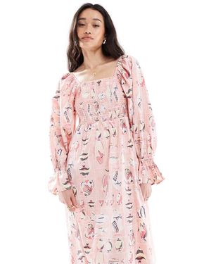 Object Vestito Grembiule Midi Rosa Con Stampa Di Pesci Vintage