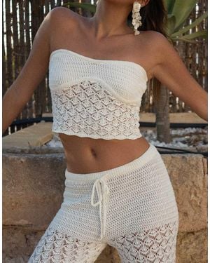 4th & Reckless X Luana Barron Cotton Rich Mixed Crochet Bandeau Scallop Trim Beach Top Co-ord - Grey