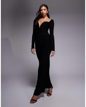 ASOS Long Sleeve Deep Plunge Maxi Dress With V-Bar Trim - Black