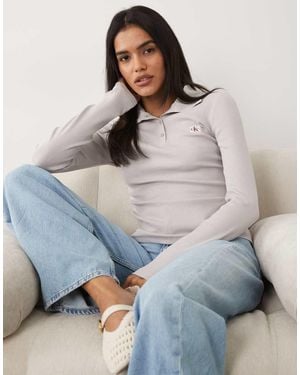Calvin Klein Top Met Lange Mouwen, Geweven Label, Hoge Hals En Henley - Grijs
