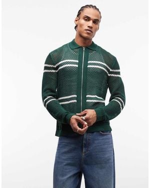 ASOS Relaxed Knit Airtex Zip Up Striped Cardigan - Green