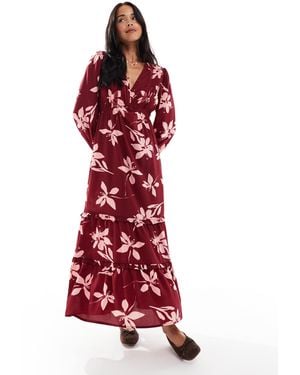 Wednesday's Girl Plunge Front Floral Print Midaxi Dress - Red