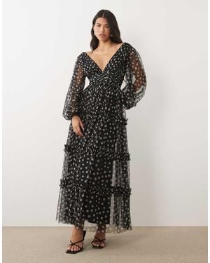 LACE & BEADS Tulle Sheer Balloon Sleeve Plunge Neck Tiered Maxi Dress - Multicolour