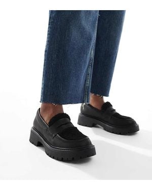 London Rebel Olivia Contrast Teddy Fur Chunky Loafers - Blue