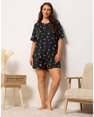 Yours Clothing Cherry & Bows Short Pyjama Set - Black
