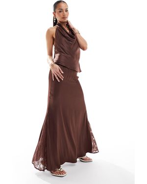 Pull&Bear Satin Midi Skirt With Lace Inserts Co-ord - Brown