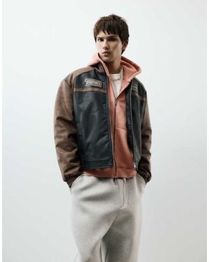 Pull&Bear Leather-effect Panel Jacket - Brown