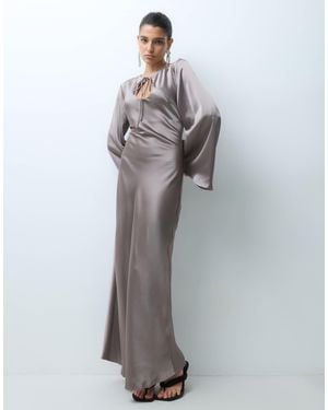 Gina Tricot Keyhole Satin Maxi Dress With Flute Sleeve - Gray