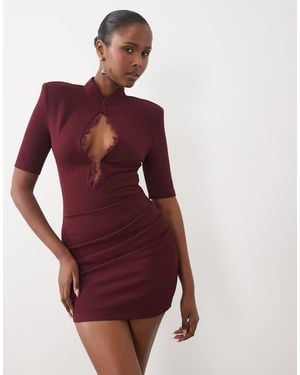 Noughts & Kisses Mandarin Collar Lace Keyhole Detail Shoulder Pad Mini Dress - Red