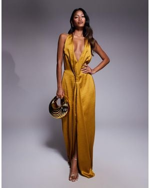 TFNC London Satin Deep V Halter Neck Knot Detail Drape Front Maxi Dress - Yellow